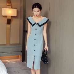 OD215: đầm thiết kế màu xanh viền cổ đen