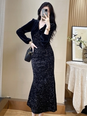 OE889: Váy dài sequin ôm vừa vặn mùa xuân và mùa thu váy dạ hội cao cấp váy dài tôn dáng