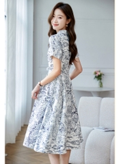 OD043: đầm nữ in hình dáng dài xòe nhẹ cổ bẻ