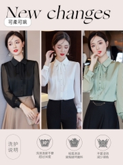 OD077: áo sơ mi nữ lụa dài tay cổ nơ