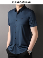 OE300: Áo sơ mi nam cao cấp tay ngắn lụa băng mùa hè họa tiết sọc jacquard