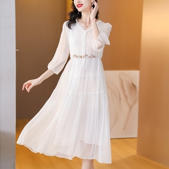 OD051: đầm trắng xòe trung niên cao cấp eo hoa