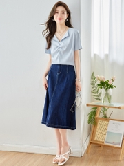 OE400: áo sơ mi nữ cổ chữ V cotton nguyên chất tay ngắn áo phông nữ