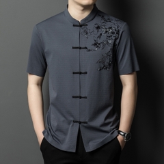 OD334: Áo sơ mi nam ngắn tay lụa mỏng cổ đứng in hình