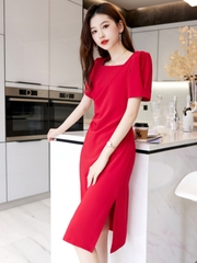 OD620: Váy dài cổ vuông eo thon váy xẻ tà thanh lịch