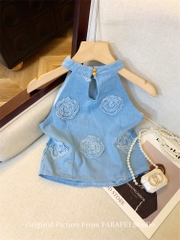 OD731: Áo sơ mi nữ vest denim thêu hoa hồng phong cách retro