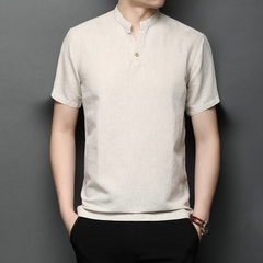 OE242: Áo thun nam cao cấp tay ngắn cổ đứng mùa hè vải lanh cotton