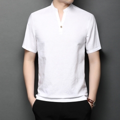 OE242: Áo thun nam cao cấp tay ngắn cổ đứng mùa hè vải lanh cotton