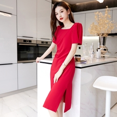 OD620: Váy dài cổ vuông eo thon váy xẻ tà thanh lịch