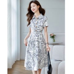 OD043: đầm nữ in hình dáng dài xòe nhẹ cổ bẻ