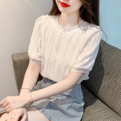 Mã B786: Áo sơ mi nữ voan ngắn tay cổ tròn màu trắng