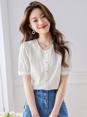 OD551: áo sơ mi nữ ngắn tay phối ren