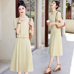 OD556: set áo váy dài sang trọng cao cấp cổ tròn
