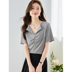 OE400: áo sơ mi nữ cổ chữ V cotton nguyên chất tay ngắn áo phông nữ