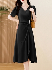 Mã B973: Đầm váy nữ cao cấp cổ chữ V ngắn tay dáng xòe đuôi cá thanh lịch