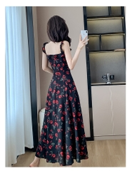OD682: váy voan in hoa hồng thanh lịch Pháp váy dài