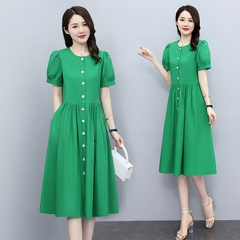 OD765: Váy trung niên thắt dây eo dáng dài quá gối tay phồng kiểu Pháp