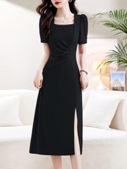 OD617: Đầm dài cổ vuông màu đen đỏ cao cấp