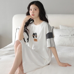 OE525: váy ngủ mới cho nữ SPNN mùa hè cotton ngắn tay