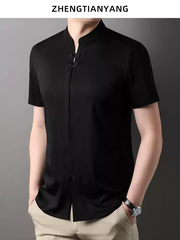 OH029: Áo thun nam tay ngắn mỏng kiểu Trung Quốc, cổ đứng, cài khuy, chất liệu cotton