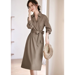 OD208: đầm dài sang trọng Cổ Chữ V màu trơn đai eo