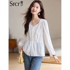 OE402: Áo sơ mi cotton thêu cổ vuông màu trắng cho nữ