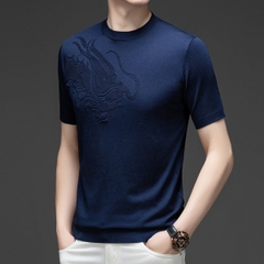 OD331: Áo thun nam mùa hè cổ tròn cổ tròn dệt hoa hình rồng tencel
