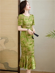 OD599: Đầm xanh dáng ôm đuôi cá jacquard cao cấp