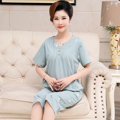 OE533: bộ đồ ngủ cotton mới cho phụ nữ SPNN mùa hè ngắn tay trung niên mặc nhà