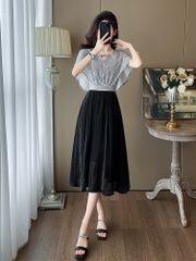 OD785: đầm dài quá gối cao cấp tay áo lá sen