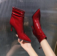 C232: Giày bốt boot nữ cao gót mũi nhọn thời trang da bóng có khóa kéo