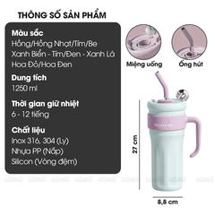 Ly Nước Micofi Giữ Nhiệt Inox 316 Có Nắp, Bình Giữ Nhiệt Cao Cấp Nóng Lạnh 1250ML Hai Lớp Có Ống Hút Tay Cầm Chống Tràn