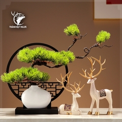 Tượng Decor Cặp Hươu Kèm Kệ Chậu Cây Lá Bách, Quà Tặng Tân Gia Khai Trương Sinh Nhật Trang Trí Nhà