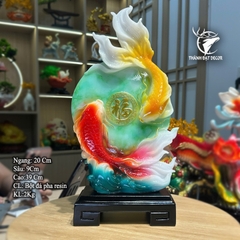 Tượng đôi cá chép vờn đĩa ngọc 20x9x39 - KL 2Kg, Phong Thuỷ decor Tặng Tân Gia Khai Trương