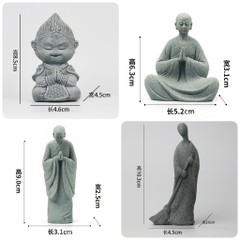 Tượng Tôn Ngộ Không, Sư Quét Lá, Sư Thiền Bái Đá Sa Thạch Trang Trí Tiểu Cảnh, Bonsai, Bàn Trà