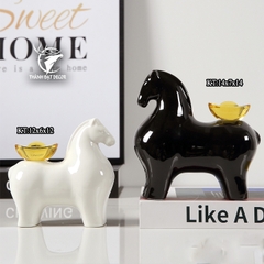 Cặp Tượng Ngựa Đen Trắng Bằng Gốm Sứ Tráng Men, Quà Tặng Decor Tân Gia Khai Trương, Sinh Nhật