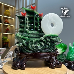 Tượng Thuyền Thuận Buồm Xuôi Gió Ngọc Xanh 36x19x42cm, Decor Phong Thủy, Quà Tặng Khai Trương Tân Gia
