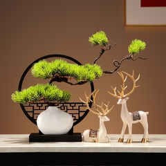 Tượng Decor Cặp Hươu Kèm Kệ Chậu Cây Lá Bách, Quà Tặng Tân Gia Khai Trương Sinh Nhật Trang Trí Nhà
