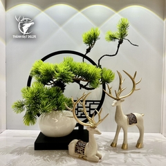 Tượng Decor Cặp Hươu Kèm Kệ Chậu Cây Lá Bách, Quà Tặng Tân Gia Khai Trương Sinh Nhật Trang Trí Nhà