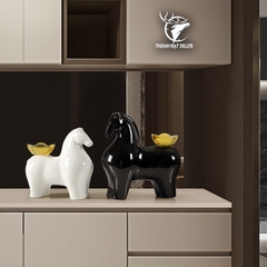 Cặp Tượng Ngựa Đen Trắng Bằng Gốm Sứ Tráng Men, Quà Tặng Decor Tân Gia Khai Trương, Sinh Nhật
