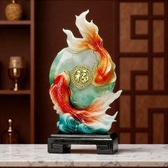 Tượng đôi cá chép vờn đĩa ngọc 20x9x39 - KL 2Kg, Phong Thuỷ decor Tặng Tân Gia Khai Trương