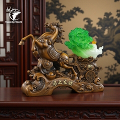 Tượng Ngựa Màu Gỗ kéo bắp cải phong thủy 33x11x26cm, Quà Tặng Decor Tân Gia Khai Trương Sinh Nhật