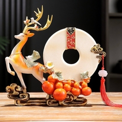 Tượng Decor Hươu Kéo Hồ Lô Ngũ Phúc Đĩa Như Ý Phong Thủy,  Quà Tặng Tân Gia Khai Trương Sinh Nhật