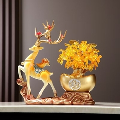 Tượng Hươu Kéo Cây Tài Lộc Tiền Vàng Phong Thủy, Tượng Decor Quà Tặng Tân Gia Khai Trương Sinh Nhật