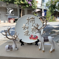 Tượng Decor Cặp Hươu Kèm Đĩa Quà Hồng Như Ý, Quà Tặng Tân Gia Khai Trương Sinh Nhật Trang Trí Nhà Cửa.