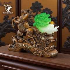 Tượng Ngựa Màu Gỗ kéo bắp cải phong thủy 33x11x26cm, Quà Tặng Decor Tân Gia Khai Trương Sinh Nhật