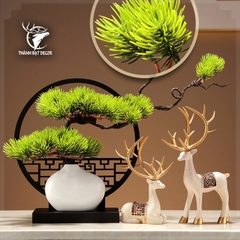 Tượng Decor Cặp Hươu Kèm Kệ Chậu Cây Lá Bách, Quà Tặng Tân Gia Khai Trương Sinh Nhật Trang Trí Nhà