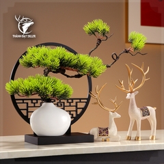 Tượng Decor Cặp Hươu Kèm Kệ Chậu Cây Lá Bách, Quà Tặng Tân Gia Khai Trương Sinh Nhật Trang Trí Nhà