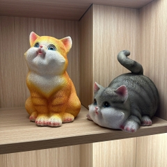 Tượng con mèo vàng mèo xám bột đá đúc trang trí, quà tặng tuổi mão decor tân gia khai trương sinh nhật