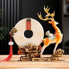 Tượng Decor Hươu Kéo Hồ Lô Ngũ Phúc Đĩa Như Ý Phong Thủy,  Quà Tặng Tân Gia Khai Trương Sinh Nhật